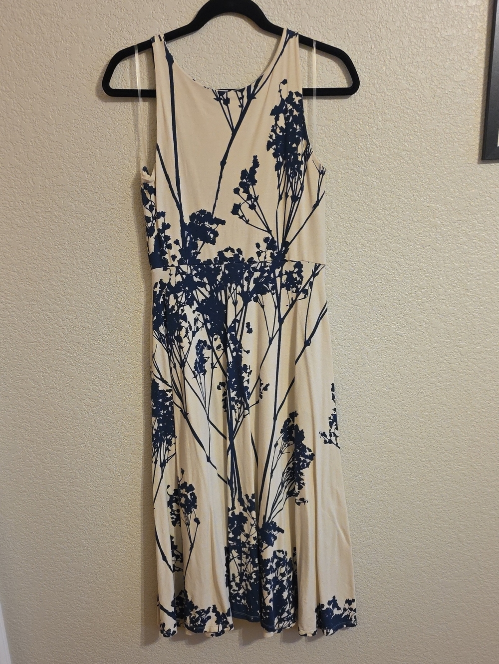 Sleeveless Floral Print Cream and Navy Midi Dress